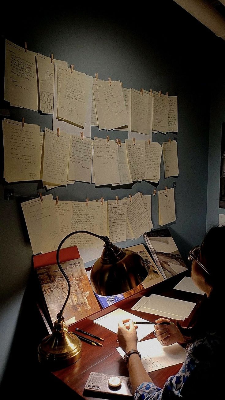 Mesa de escrita iluminada por luminária, com folhas manuscritas presas na parede